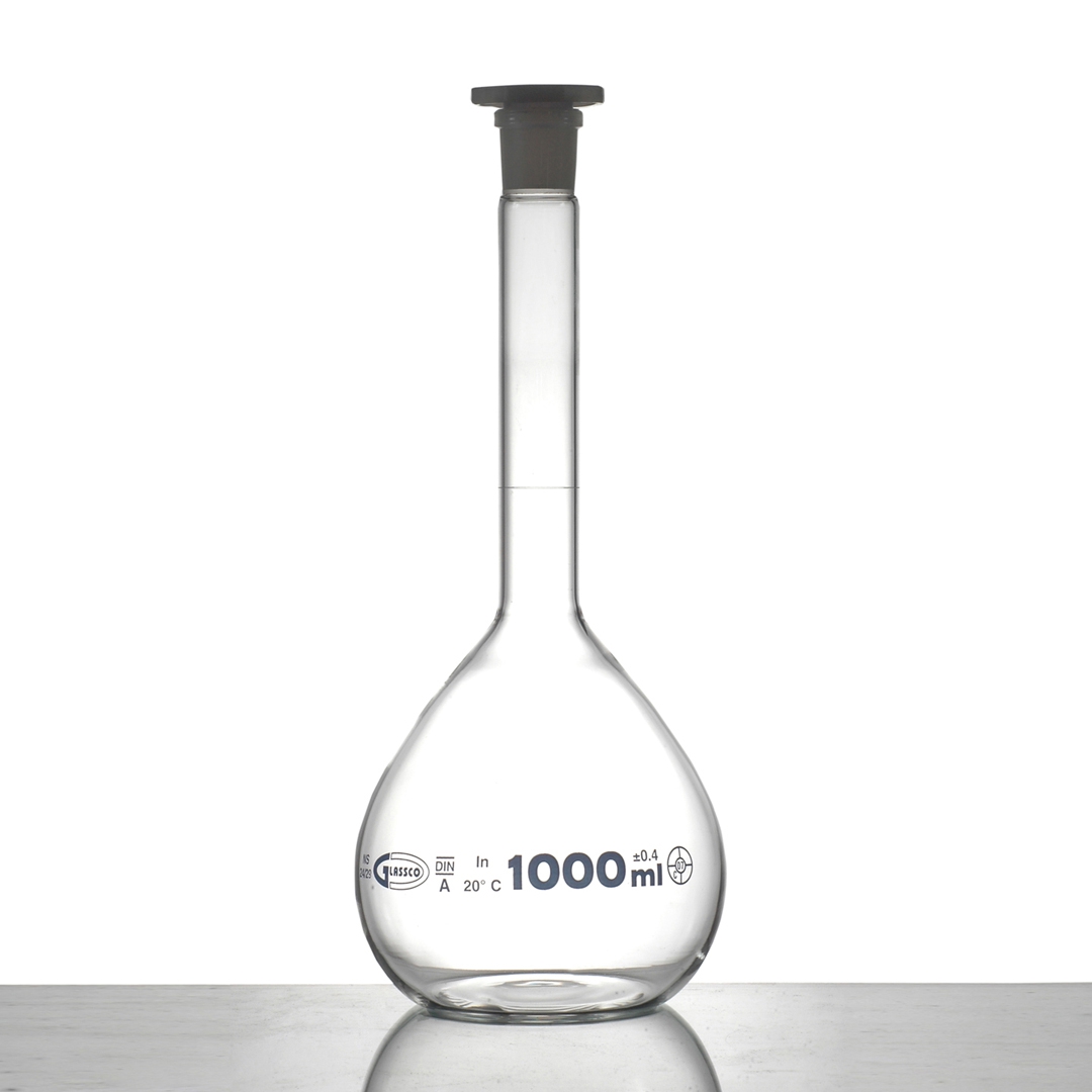 Volumetric Flask, Class B, Capacity 1000ml, Borosilicate Glass, Glassco