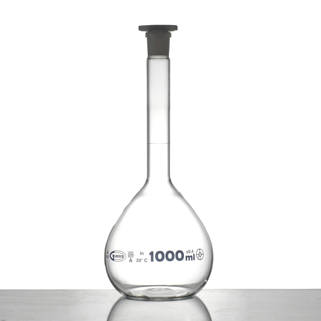 Jointed Glassware, Flask, Volumetric Flask, Clear, Class B, PE Stopper, Batch Certificate, Capacity 2000ml, Borosilicate Glass 3.3