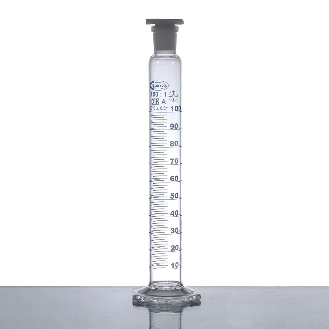 100ml Measuring Cylinder, Class A, Plastic Stopper, Hex Base, Glassco