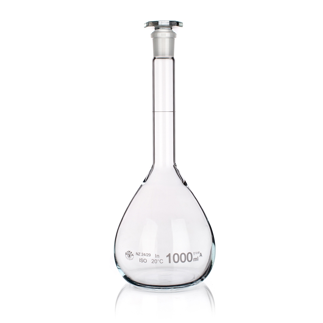 Flasks, Volumetric, Class A, Glass Stopper, Conformity Certificate, Capacity 1000ml, Tolerance 0.4ml, Outer Diameter 125mm, Height 300mm, Joint Size 24/29