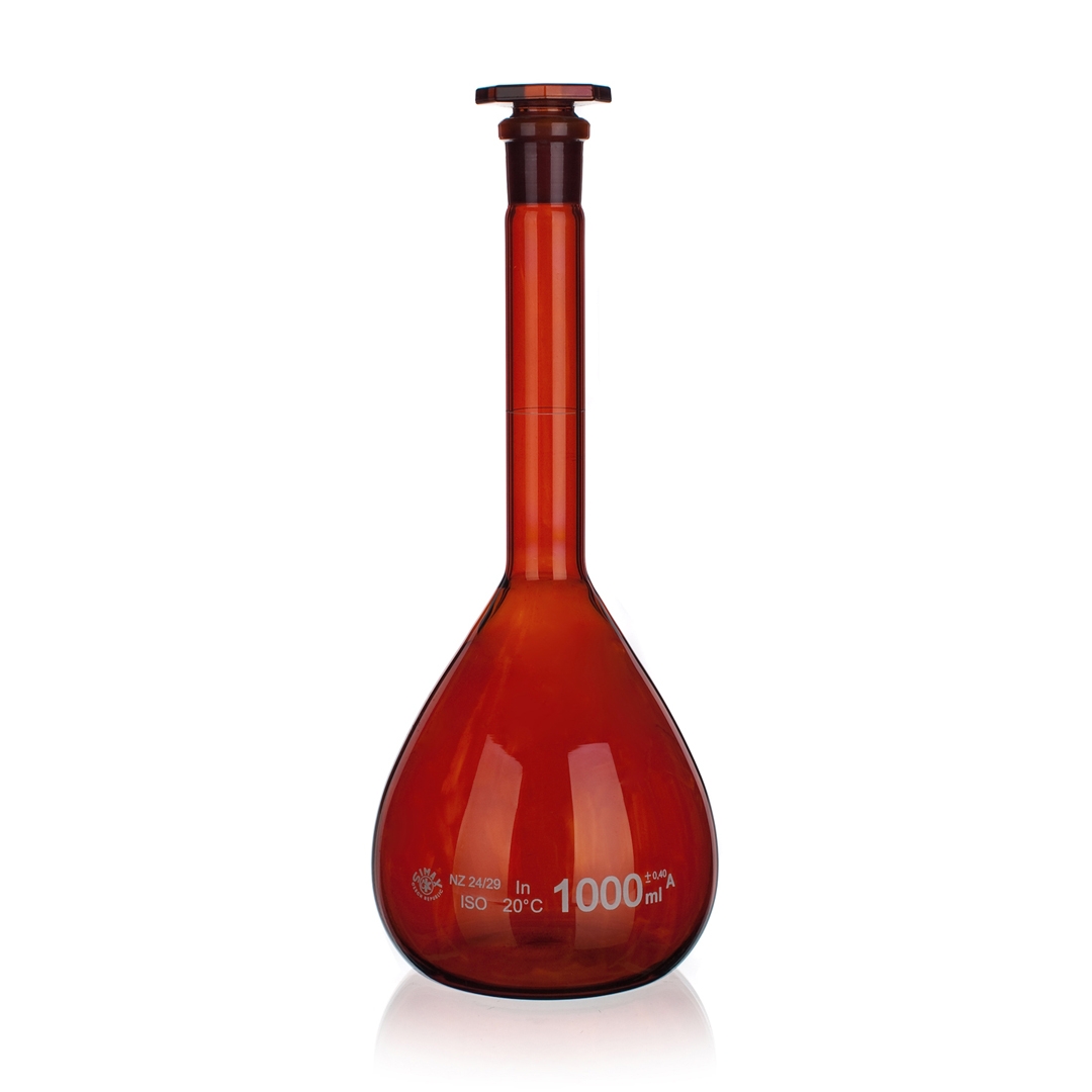 Jointed Glassware, Flask, Volumetric Flask, Amber, Class A, Glass Stopper, Capacity 1000ml, Borosilicate Glass 3.3