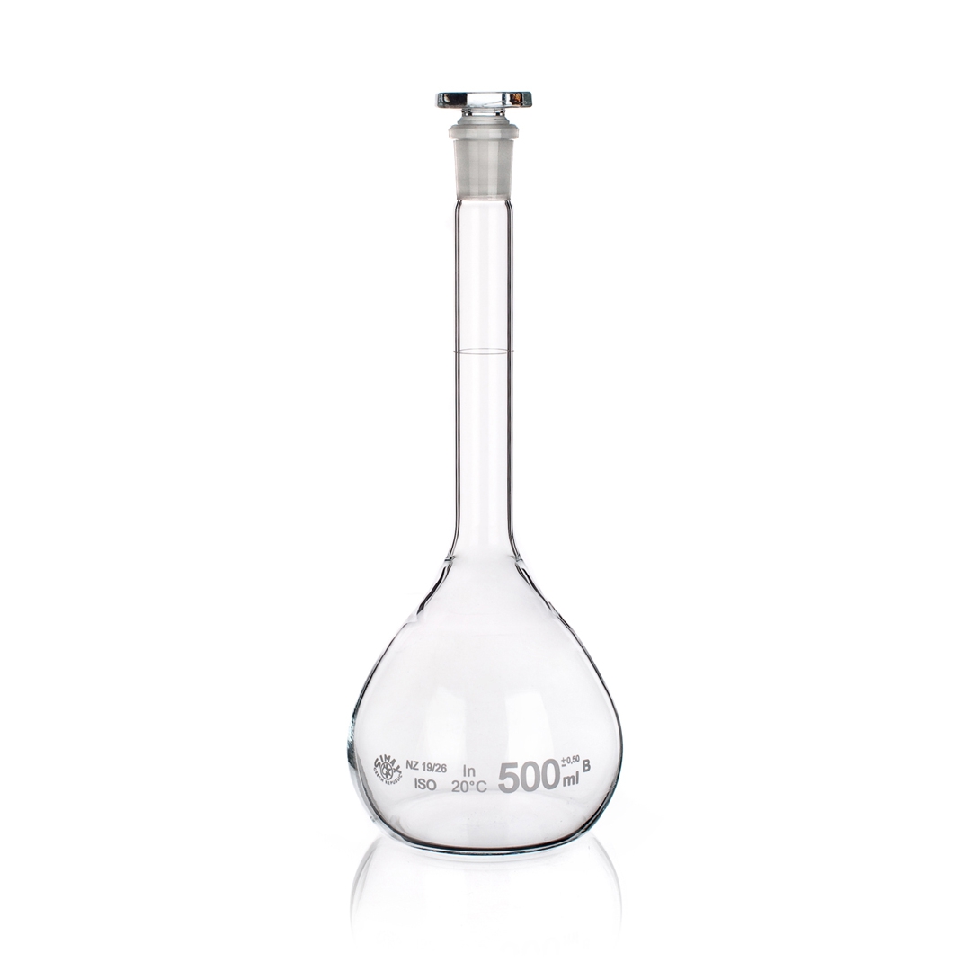 Flasks, Volumetric, Class B, Glass Stopper, Capacity 500ml, Tolerance 0.5ml, Outer Diameter 100mm, Height 260mm, Joint Size 19/26