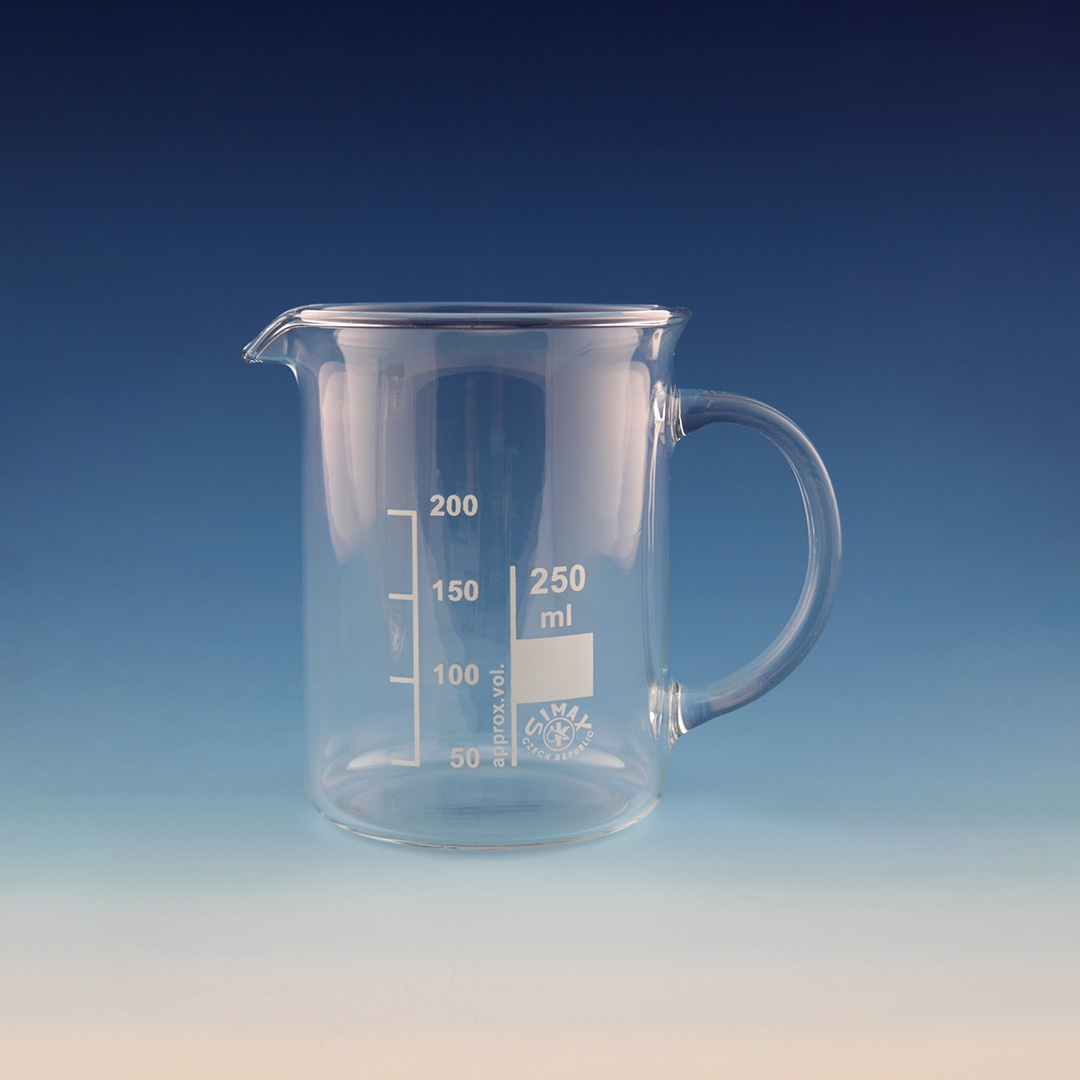 Beaker, Low Form Beaker, With Handle, Clear, Capacity: 250ml, Outer Diameter: 70mm, Borosilicate Glass 3.3