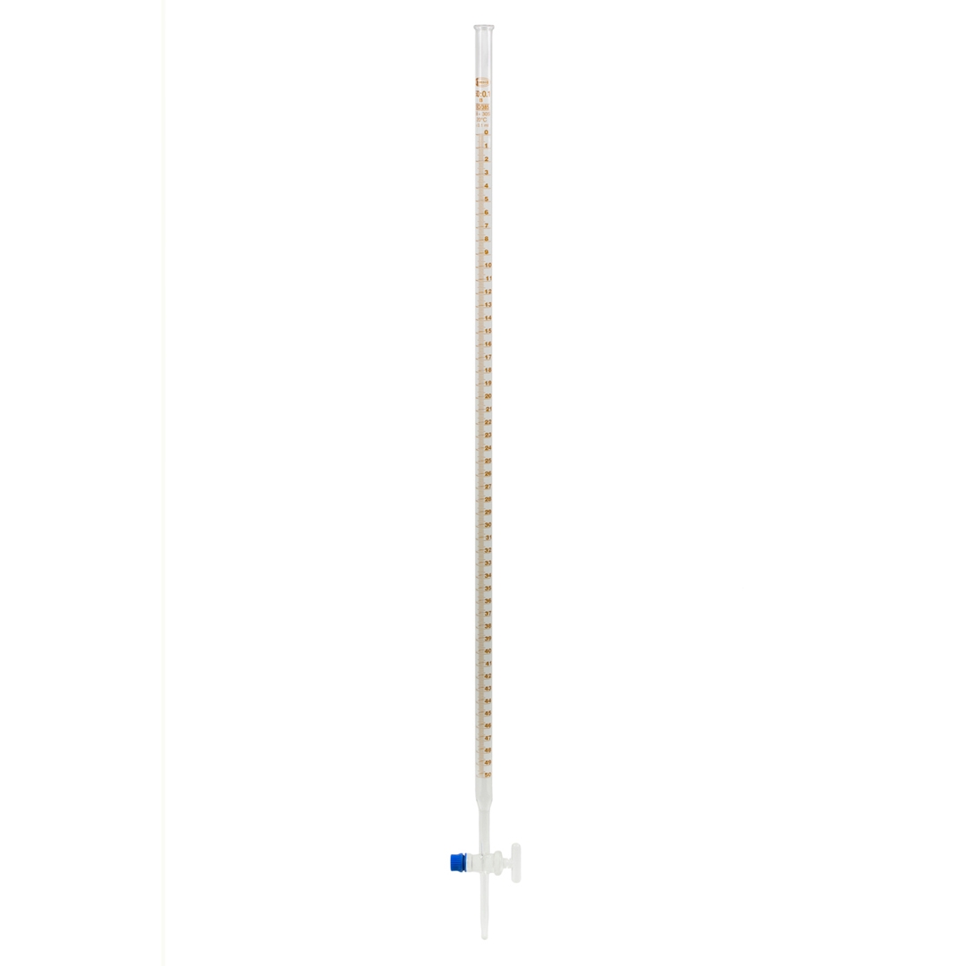 Burette, Straight Bore, Class B, Clear, Amber Graduations, Glass Stopcock, Glassco, Capacity 100ml, Borosilicate Glass 3.3