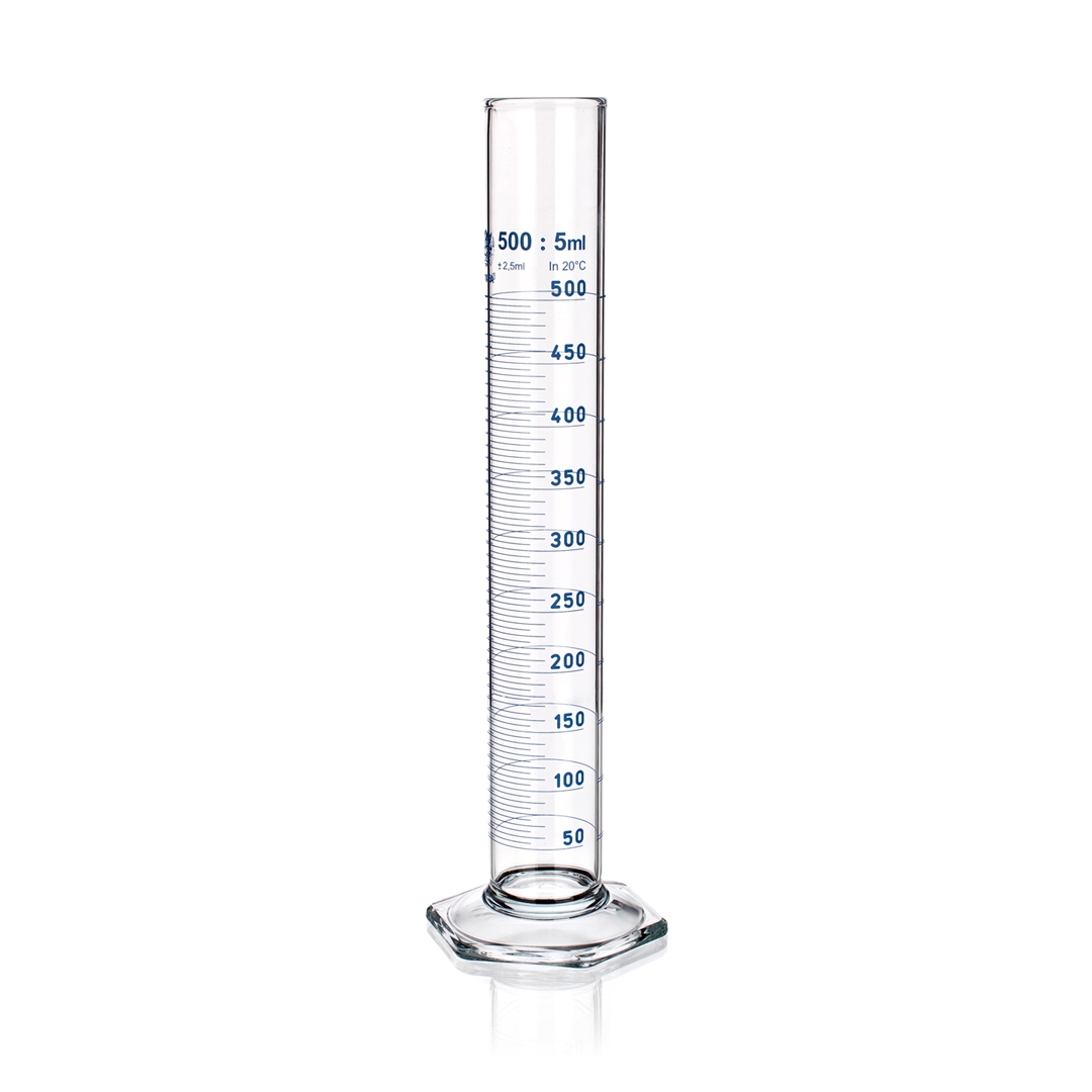Measuring Cylinder, Class A, Blue Graduations, Hexagonal Base, Capacity 50ml, Tolerance 0.5ml, Divisions 1ml, Outer Diameter Top 26mm, Height 195mm