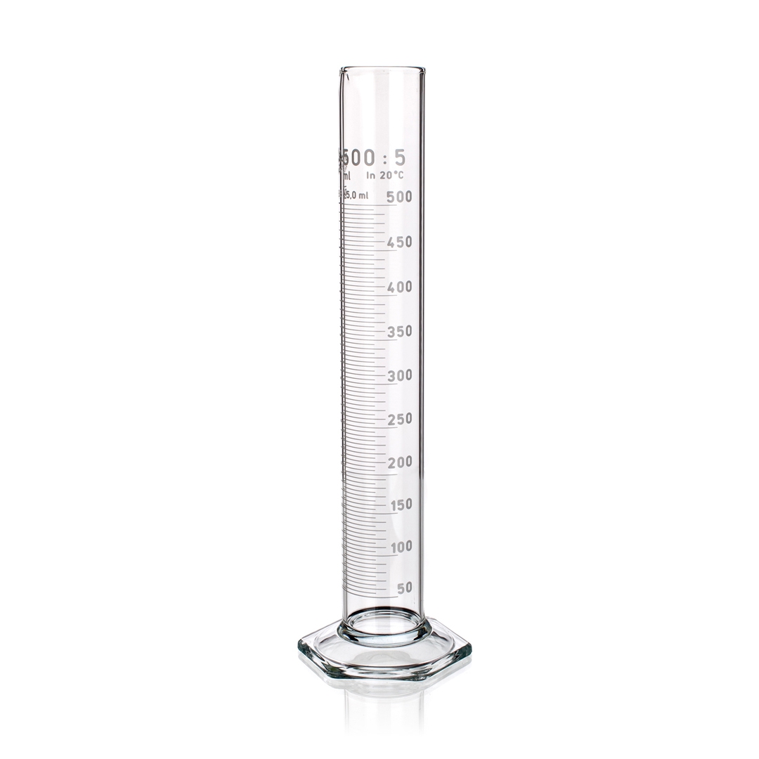 Measuring Cylinder, Class B, White Graduations, Hexagonal Base, Capacity 1000ml, Tolerance 10ml, Divisions 10ml, Outer Diameter Top 67mm, Height 465mm