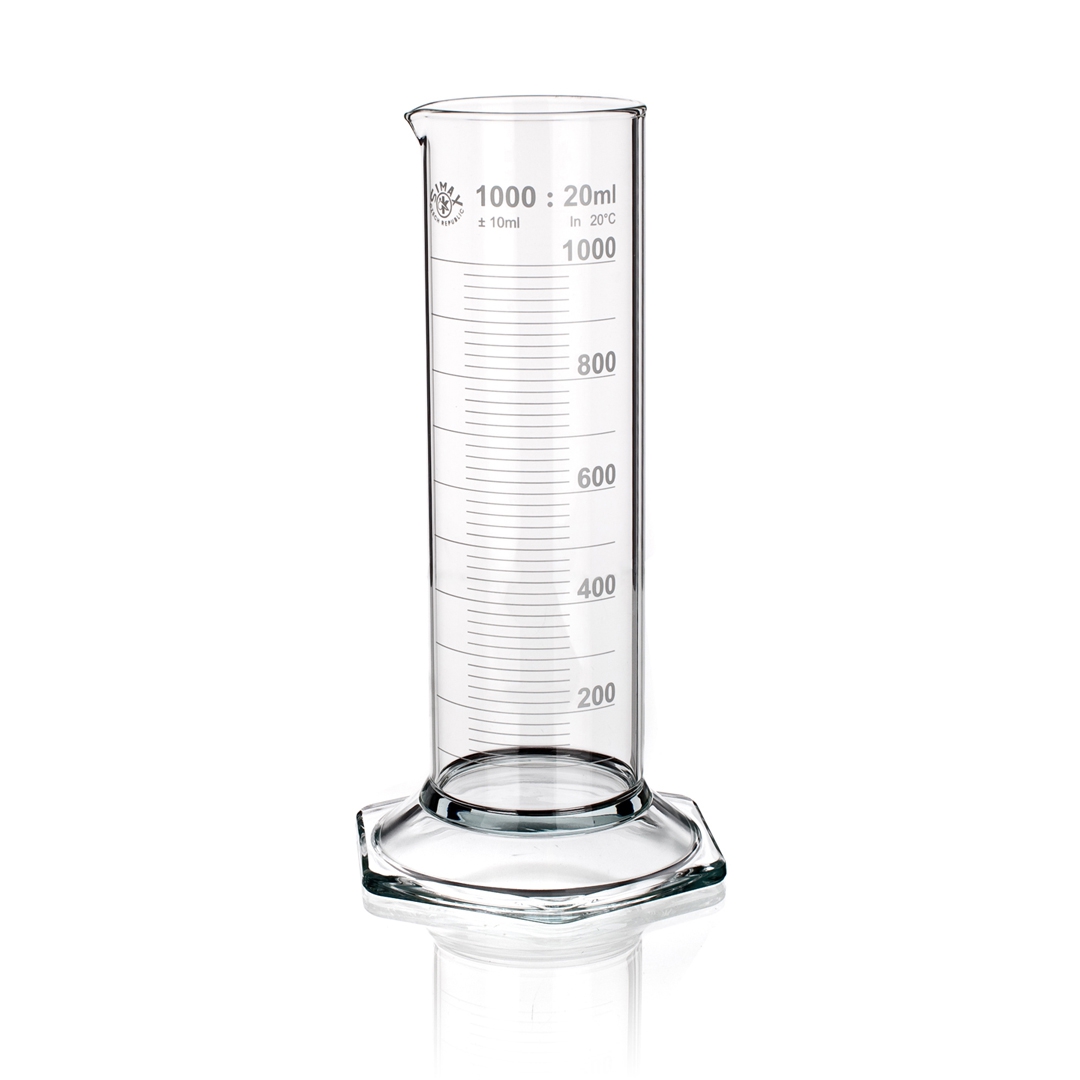 Measuring Cylinder, Low Form, Class B, White Graduations, Hexagonal Base, Capacity 50ml, Tolerance 1ml, Divisions 1ml, Outer Diameter Top 31.3mm, Height 150mm