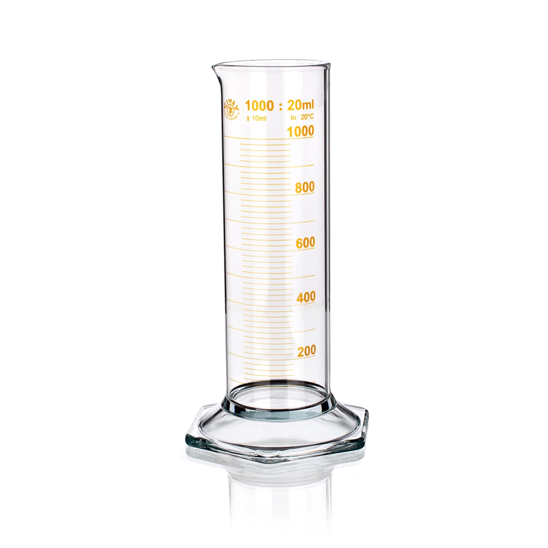 Measuring Cylinder, Low Form, Class B, Brown Graduations, Hexagonal Base, Capacity 1000ml, Tolerance 20ml, Divisions 20ml, Outer Diameter Top 83.5mm, Height 340mm