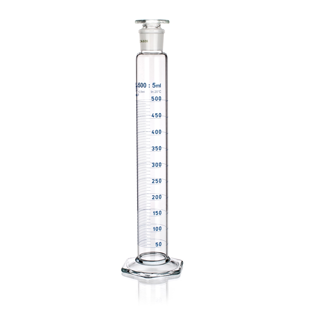 Measuring Cylinder, Class A, Clear, Glass Stopper, Blue Graduations, Simax, Capacity 1000ml, Borosilicate Glass 3.3