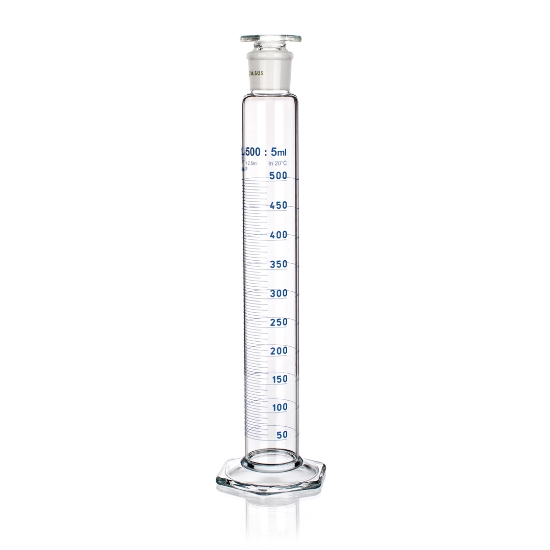 Measurign Cylinder, Class A, Glass Stopper, Blue Graduations, Capacity 10ml, Tolerance 0.1ml, Divisions 0.2ml, Outer Diameter 15.5mm, Height 135mm, Joint Size 10/19