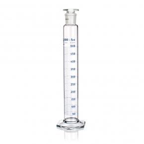 Measurign Cylinder, Class A, Glass Stopper, Blue Graduations, Capacity 500ml, Tolerance 2.5ml, Divisions 5ml, Outer Diameter 53.2mm, Height 380mm, Joint Size 34/35