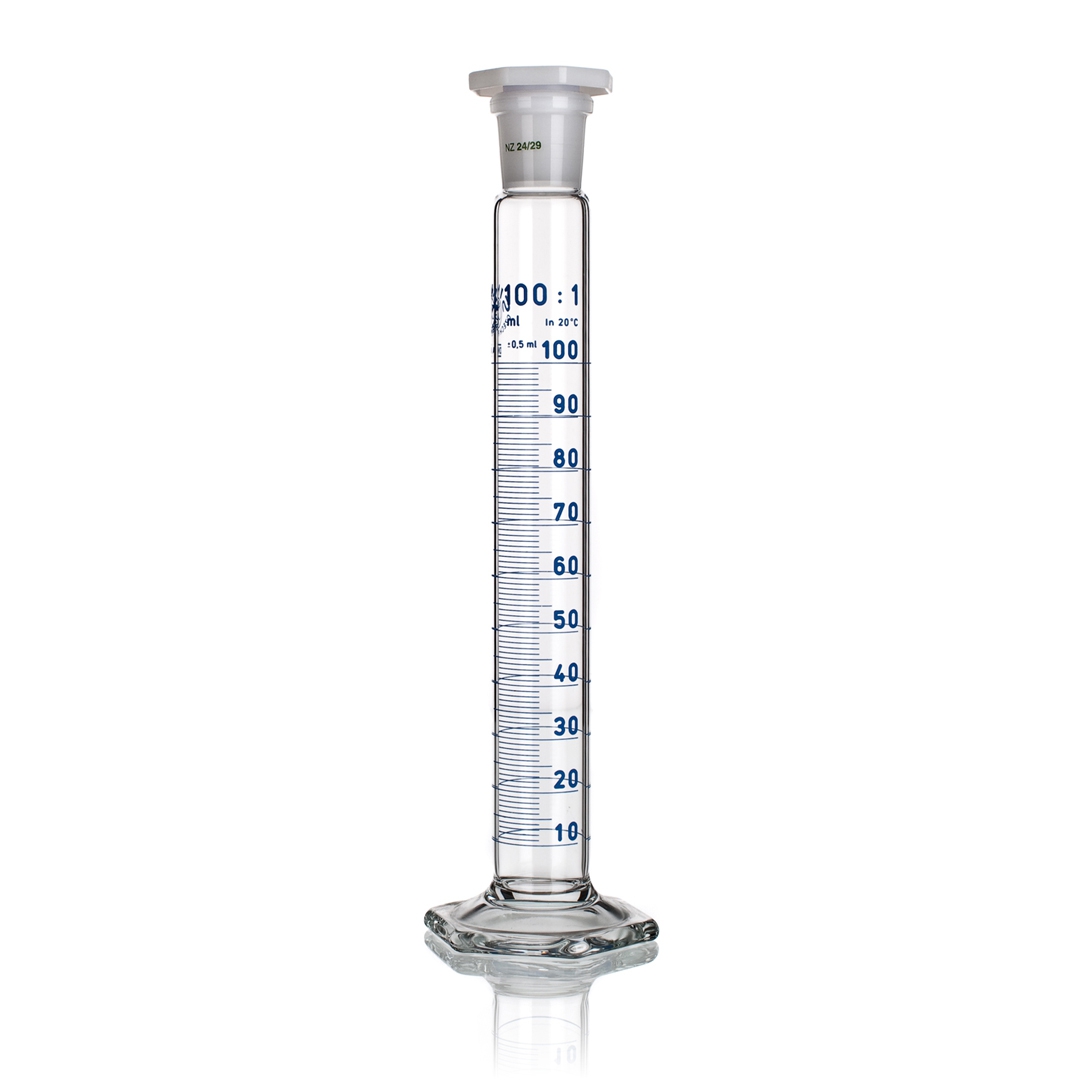 Measuring Cylinder, Class B, Plastic Stopper, White Graduations, Capacity 5ml, Tolerance 0.1ml, Divisions 0.1ml, Outer Diameter 12.9mm, Height 115mm, Joint Size 10/19