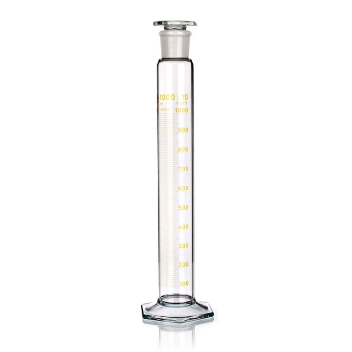 Measuring Cylinder, Class B, Clear, Stopper, Brown Graduations, Simax, Capacity 1000ml, Borosilicate Glass 3.3