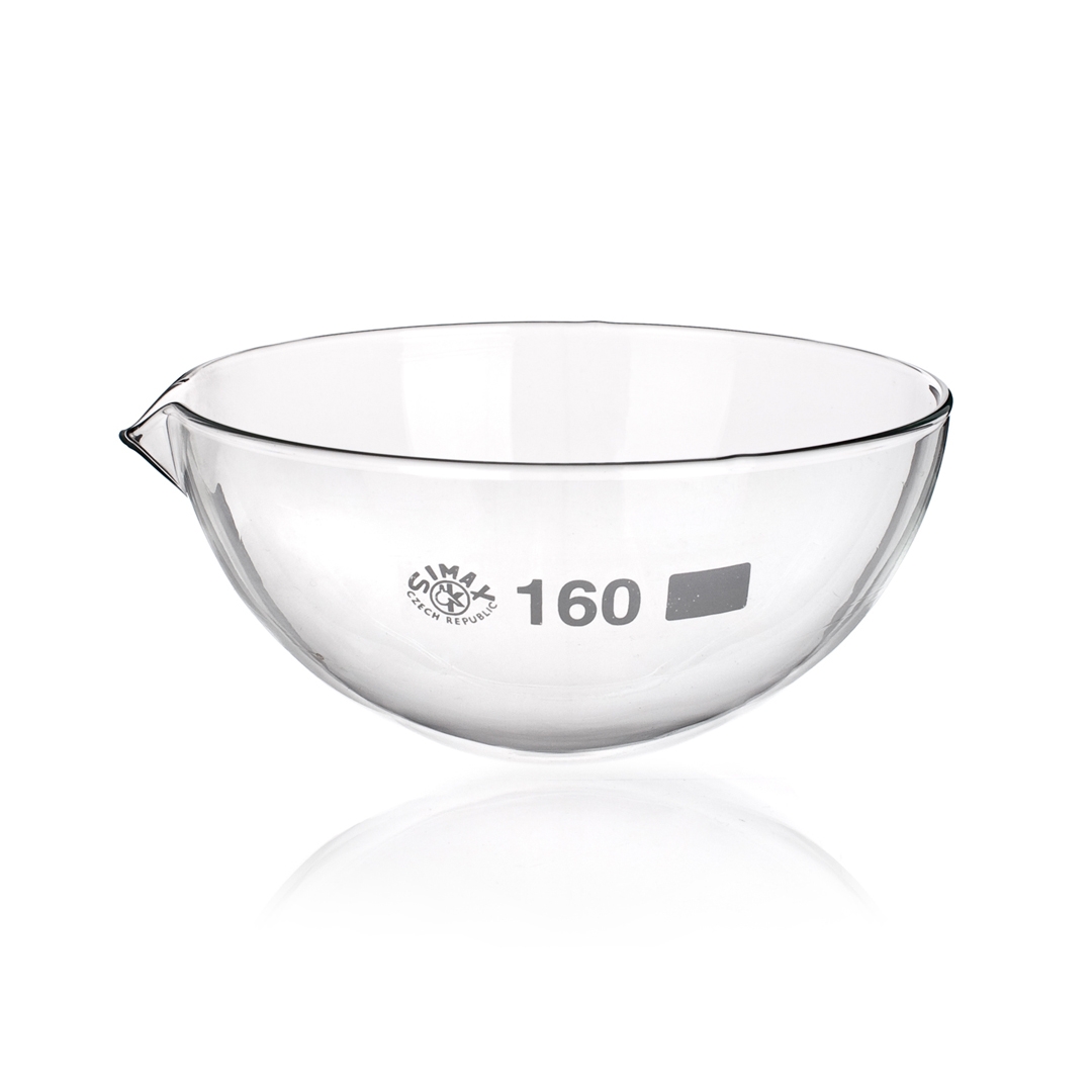 Dish, Evaporating Dish, Round Bottom, Spouted, Capacity 15ml, Outer Diameter 51mm, Height 22mm, Borosilicate Glass 3.3