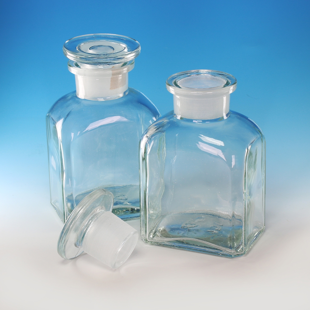 Bottle, Reagent Bottle, Square, Clear, Wide Mouth, Glass Stopper, Capacity 150ml, Soda Glass