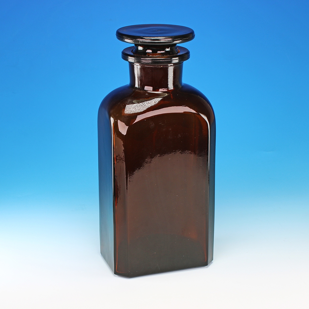 **DISCONTINUED** Bottle, Reagent Bottle, Square, Amber, Wide Mouth, Glass Stopper, Capacity 100ml, Soda Glass