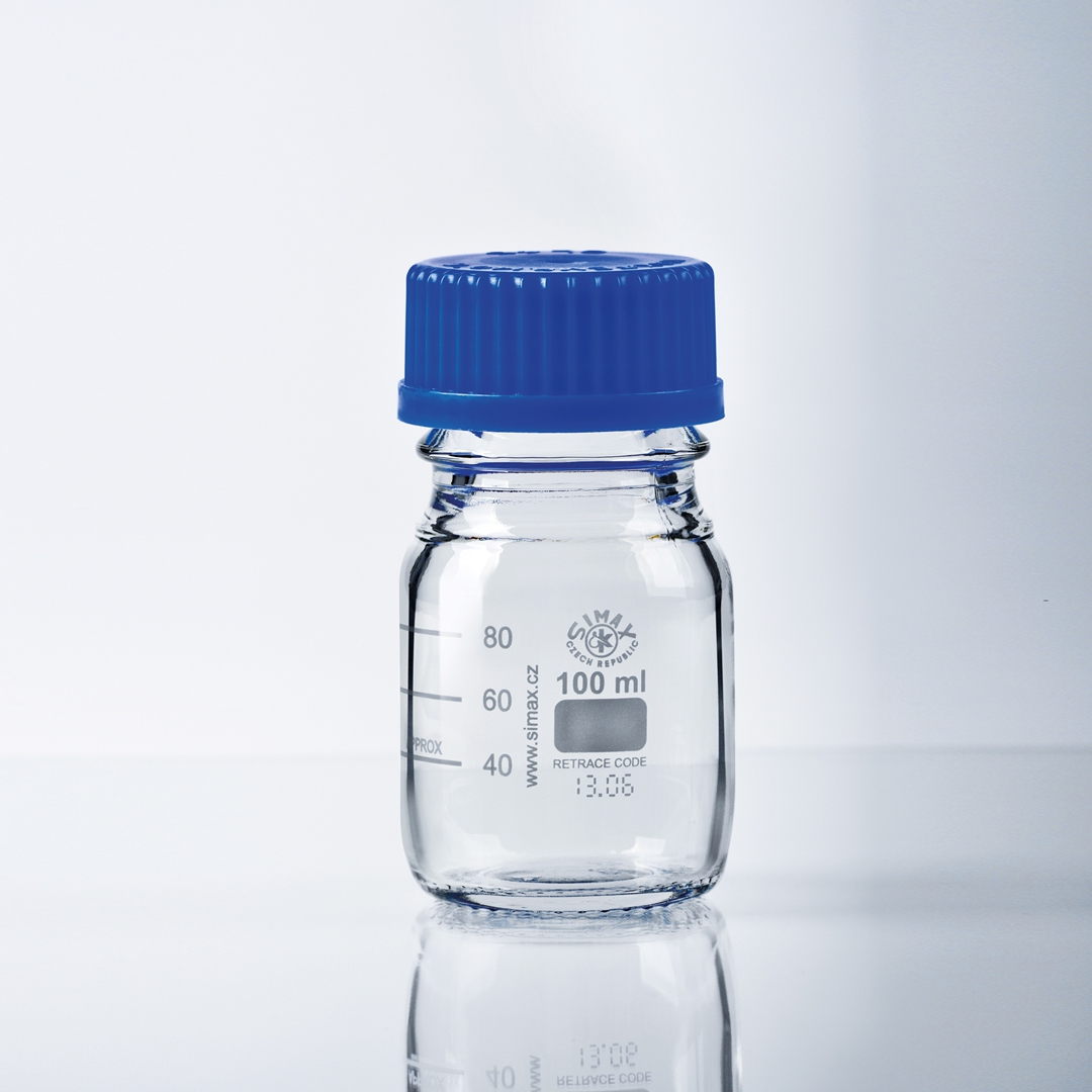 Reagent Bottle, Blue Screw Cap, Capacity 100ml, Thread Size 45, Outer Diameter 56mm, Height 105mm