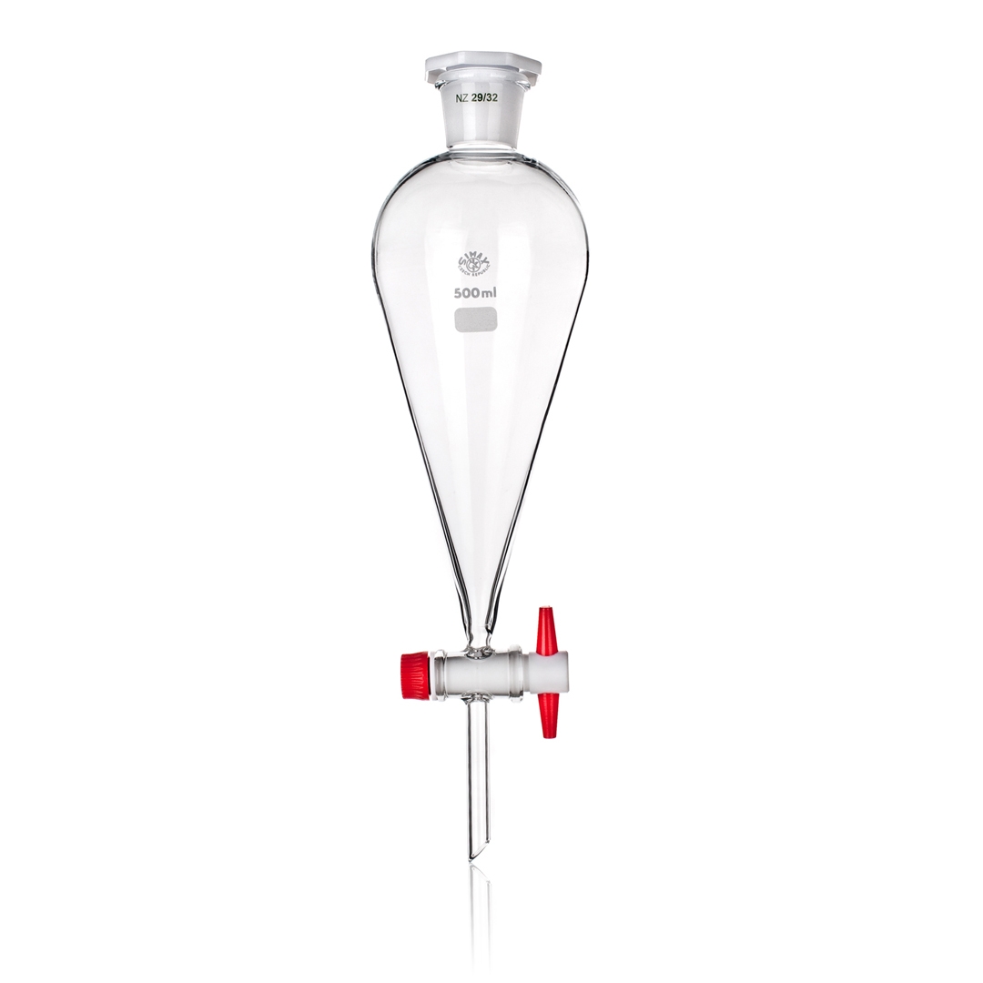 Funnel, Separating Funnel, Pear Shape, Clear, Glass Stopper, PTFE Stopcock, Capacity: 1000ml, Stem Diameter: 10mm, Borosilicate Glass 3.3