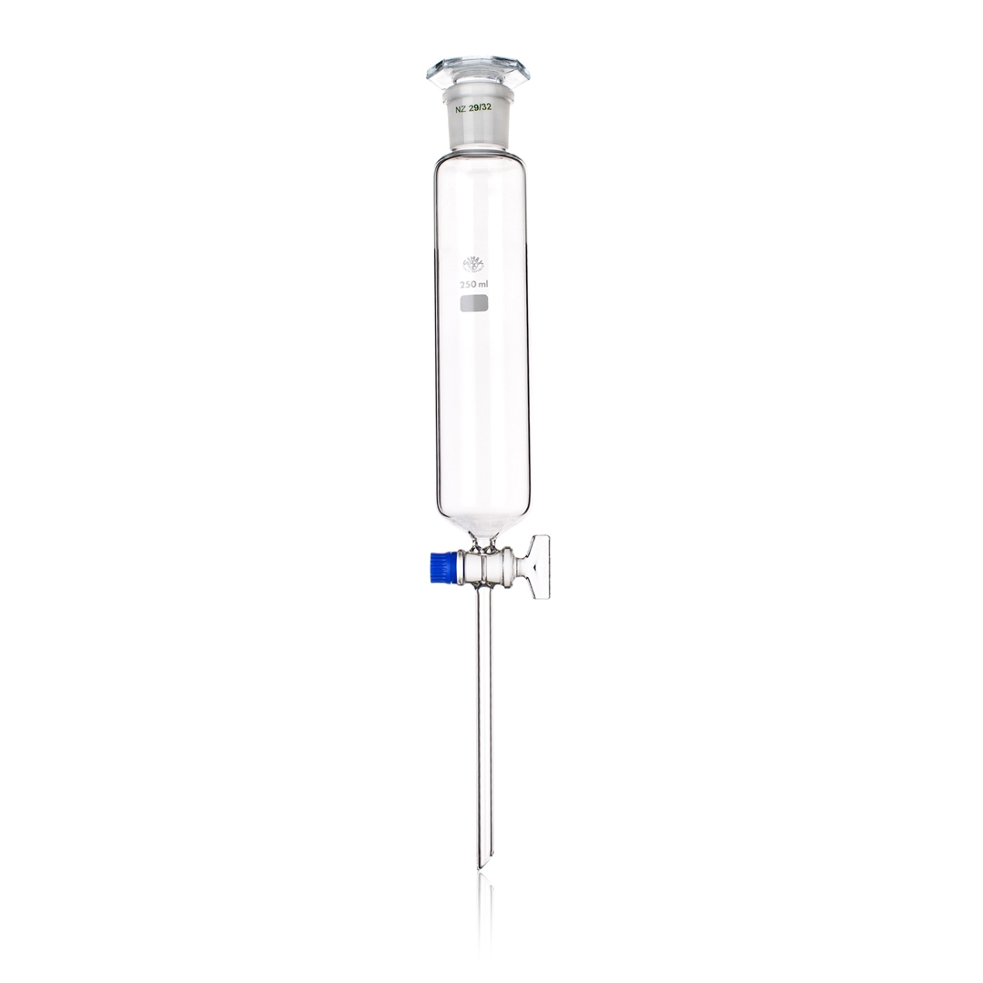 Funnel, Separatory, Cylindrical, Capacity 250ml, Stem Diameter 9mm, Height 150mm, Bore Size 2mm, Joint Size 29/32