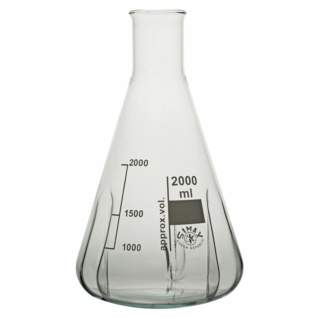Baffled Erlenmeyer Flask, Capacity 2000ml, 4 Vertical Baffles, Borosilicate Glass 3.3