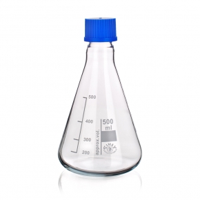 Flask, Erlenmeyer, With Screw Cap, Capacity 500ml, Thread Size GL32, Outer Diameter Bottom 105mm, Height 175mm