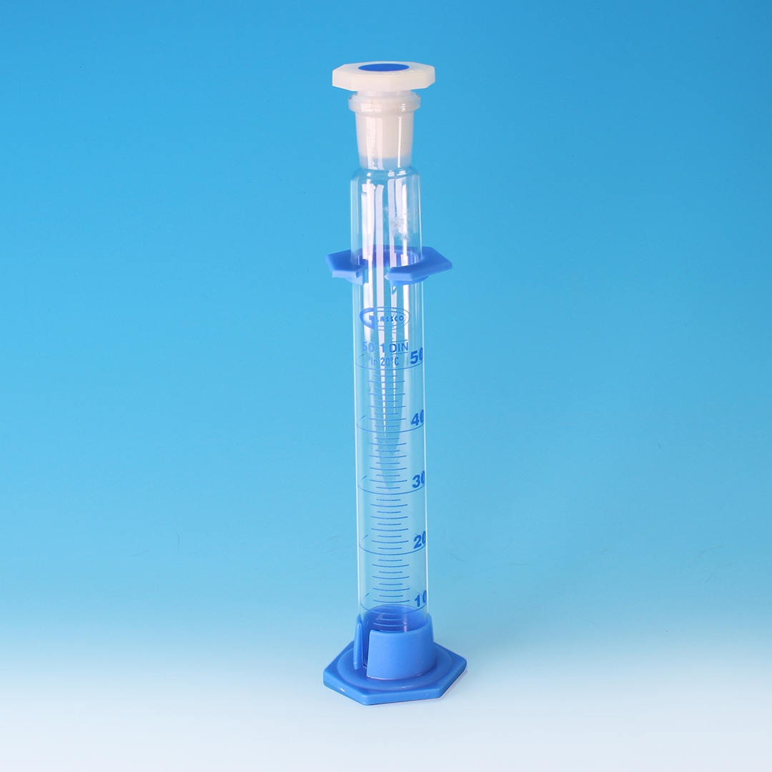 Mixing Cylinder, Class B, Plastic Detachable Hexagonal Base, with PE Stopper, Glassco, Capacity 25ml, Borosilicate Glass 3.3