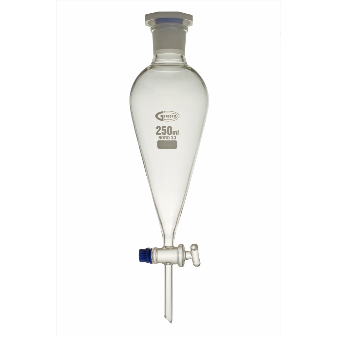 Funnel, Separating Funnel, Squibb Shape, Clear, PE Stopper, Glass Stopcock, Capacity: 250ml, Joint: 29/32, Borosilicate Glass 3.3