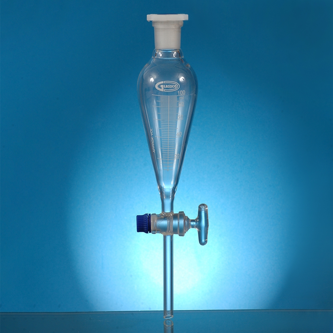 Funnel, Separating, Squibb Shape, Clear, Graduated, PE Stopper, Glass Stopcock, Capacity: 50ml, Joint: 19/26, Borosilicate Glass 3.3