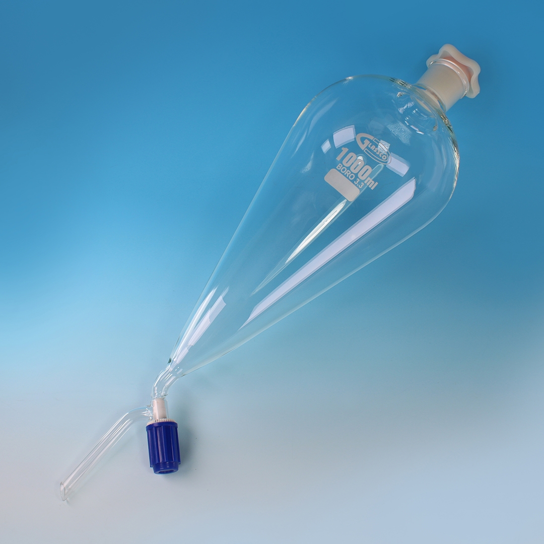 Funnel, Separating, Squibb Shape, Clear, Needle Valve Stopcock, PE Stopper, Capacity: 100ml, Joint: 19/26, Borosilicate Glass 3.3