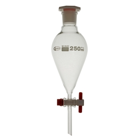 Funnel, Separating, Pear Shape, Clear, PE Stopper, PTFE Stopcock, Capacity: 100ml, Joint: 19/26, Borosilicate Glass 3.3