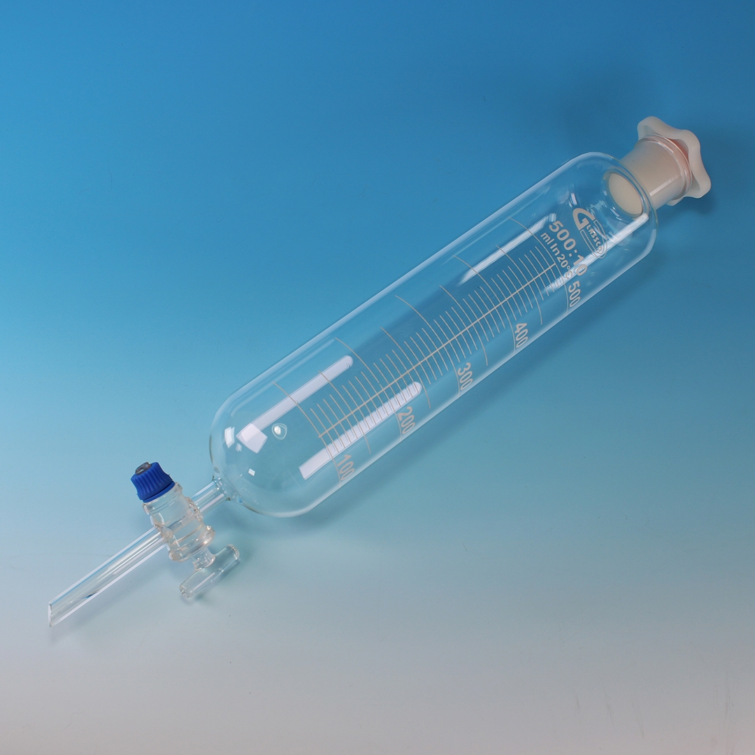 Funnel, Dropping, Cylindrical, Clear, Graduated, PE Stopper, Glass Stopcock, Capacity: 500ml, Joint: 29/32, Borosilicate Glass 3.3