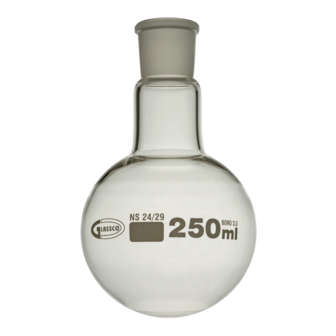 Jointed Glassware, Flask, Round Bottom, Single Neck, Clear, Glassco, Capacity 150ml, Socket 19/26, Borosilicate Glass 3.3