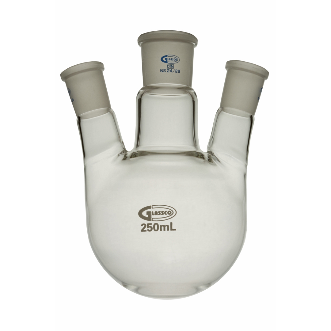 Jointed Glassware, Flask, Round Bottom, 3 Neck, Angled, Clear, Glassco, Capacity 100ml, Centre Joint 24/29, Side Socket 14/23, Borosilicate Glass 3.3