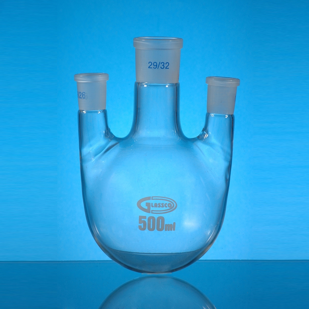 Jointed Glassware, Flask, Round Bottom, 3 Neck, Parallel, Clear, Glassco, Capacity 2000ml, Centre Joint 34/35, Side Socket 19/26, Borosilicate Glass 3.3