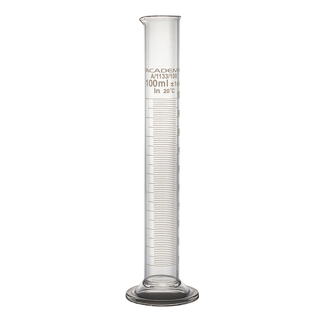 Measuring Cylinder, Clear, White Graduations, Round Base, Academy, Capacity 100ml, Borosilicate Glass