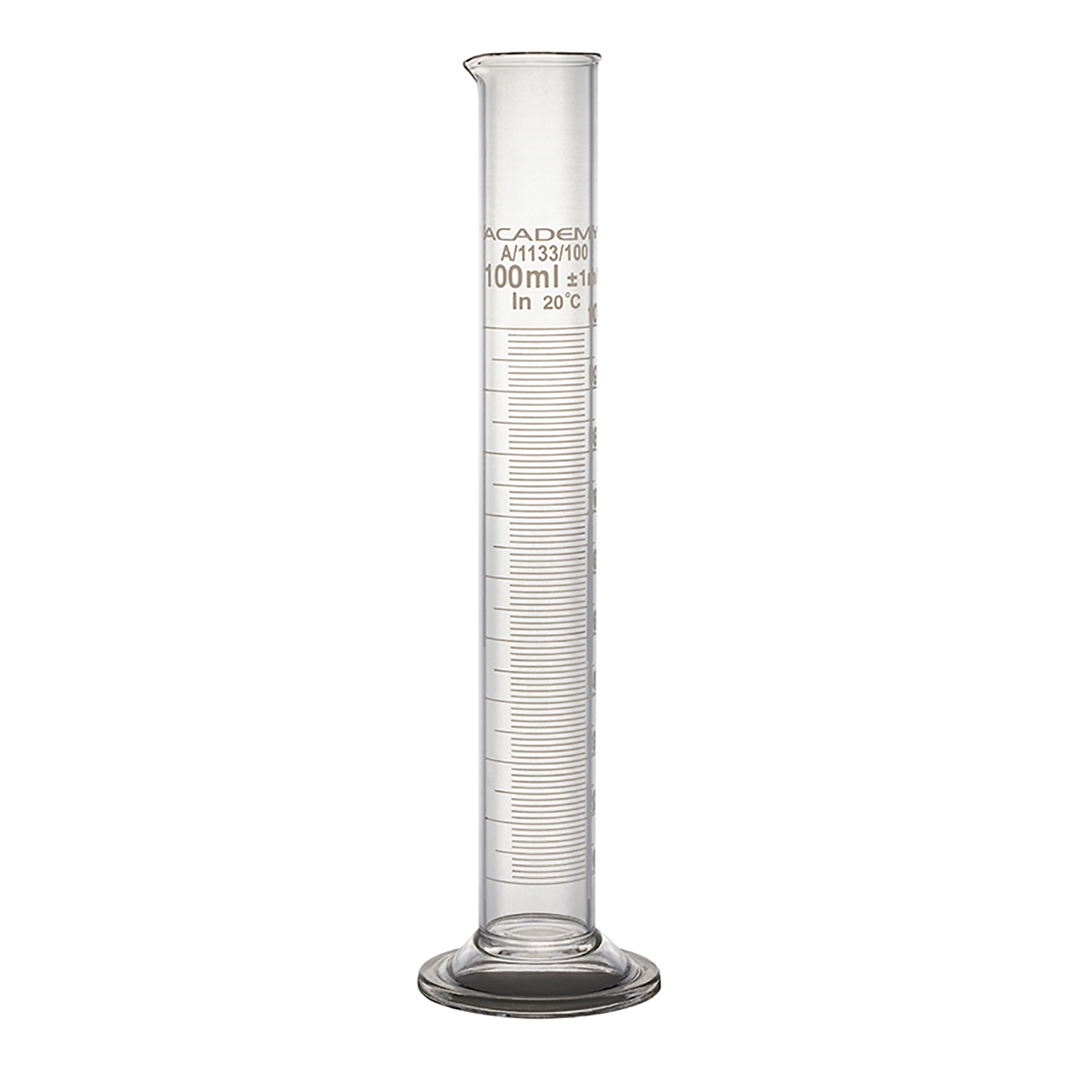 Academy Measuring Cylinder, Capacity 100ml, Round Base, White Graduations, Borosilicate Glass