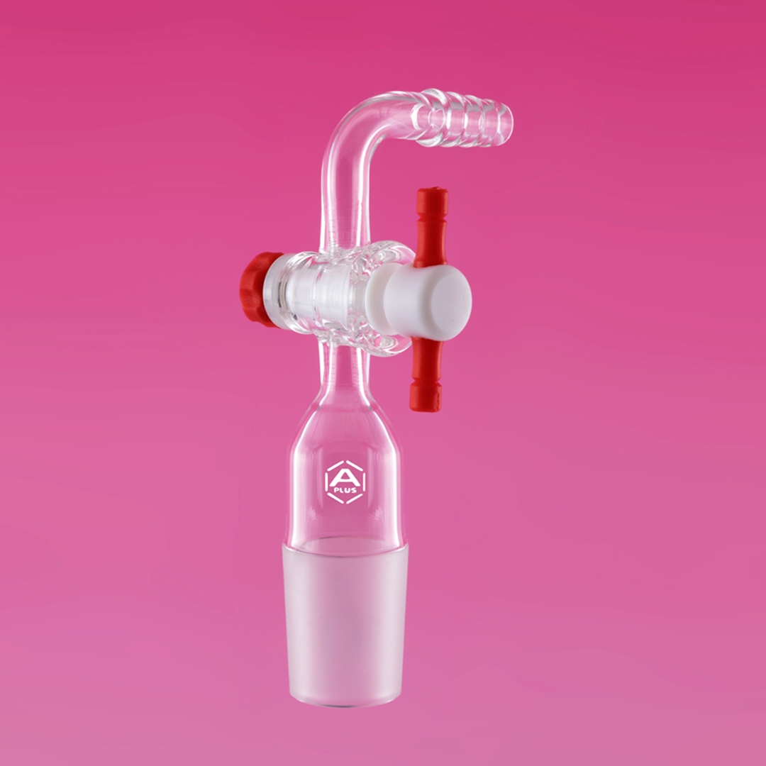 Jointed Glassware, Stopcock, PTFE Stopcock, 90 Degrees, Hose Connection, Clear, APlus, Cone 14/23, Borosilicate Glass