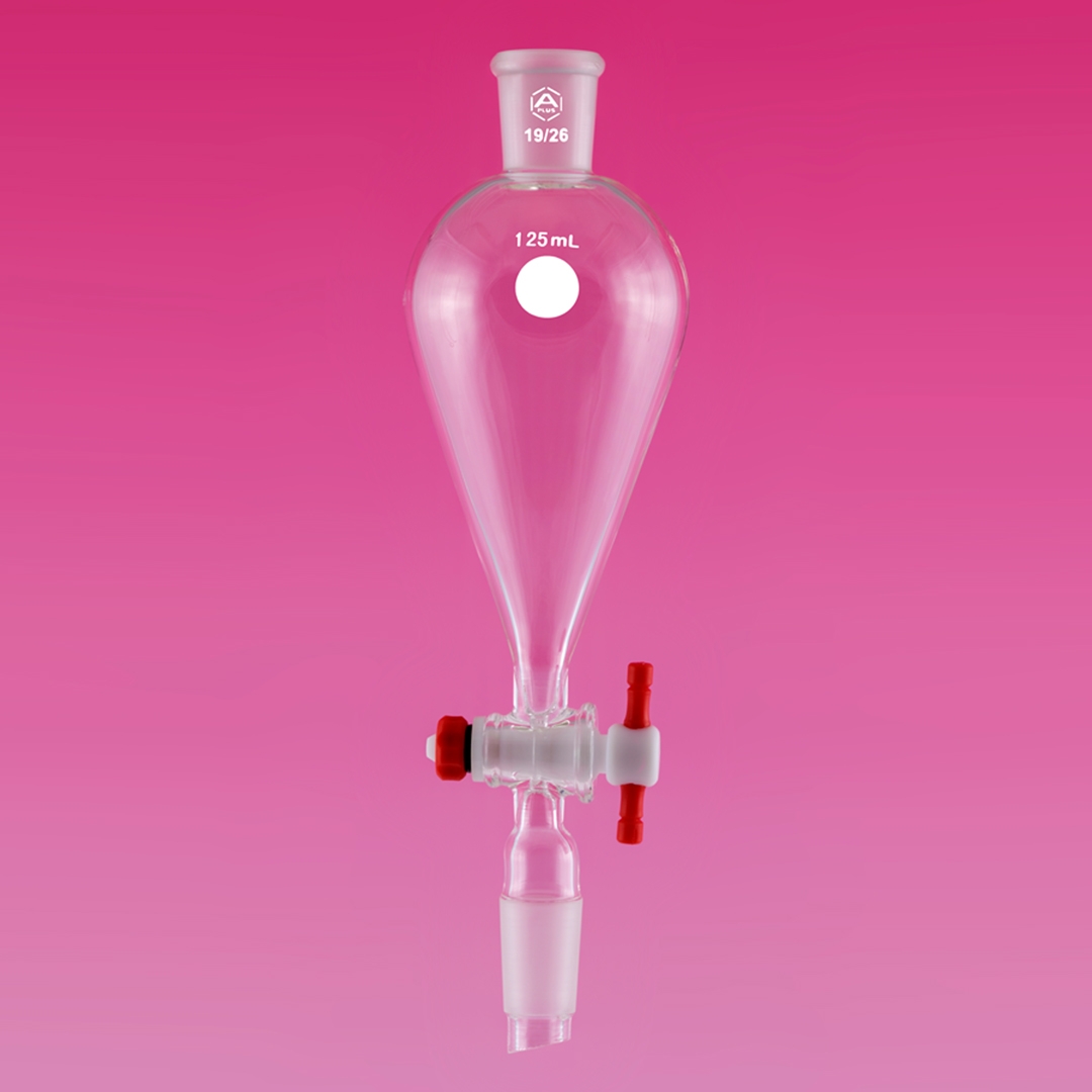 Jointed Glassware, Funnel, Separating Funnel, Clear, With Glass Stopper And PTFE Stopcock, Capacity: 125ml, Socket & Cone: 24/29, Borosilicate Glass