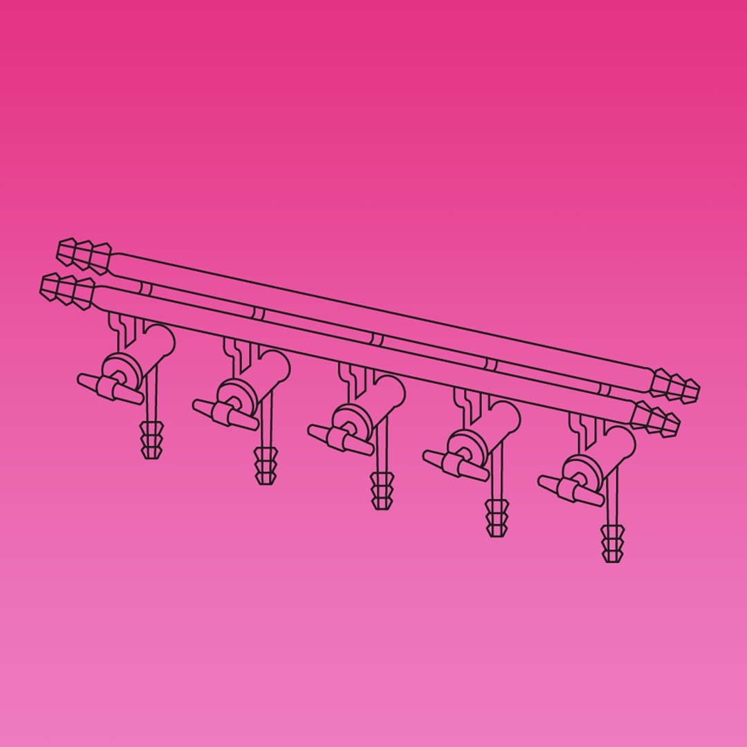 Double Manifold, Glass Stopcocks, Front And Rear Both Sides Tubing Connectors, APlus, No. of Ports 3, Overall Width 300mm, Borosilicate Glass