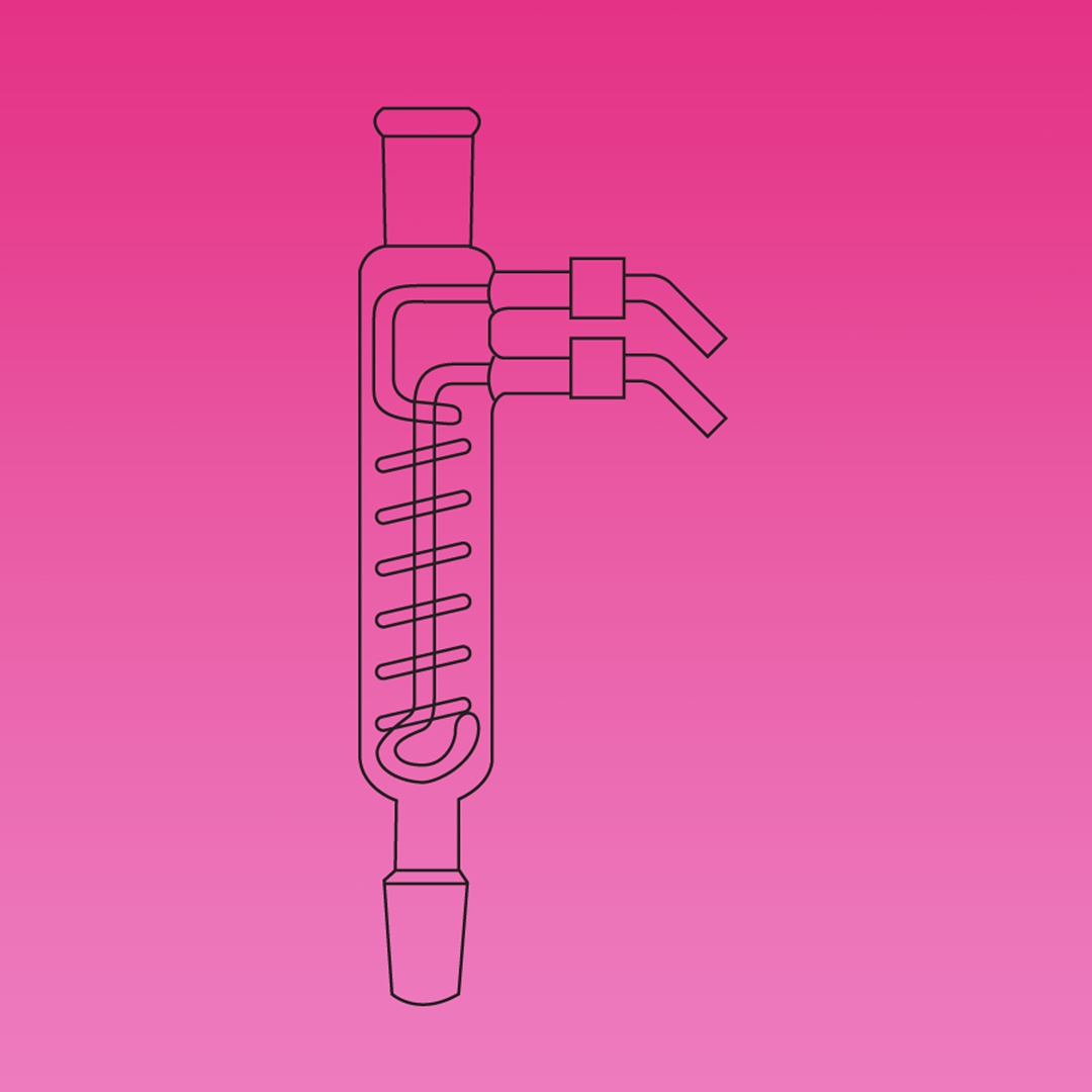 Condenser, Reflux Condenser, Plastic Screwthread Connectors, Tightly Wrapped Coil, APlus, Socket & Cone 29/32, Jacket Length 125mm, Overall Height 370mm, Borosilicate Glass