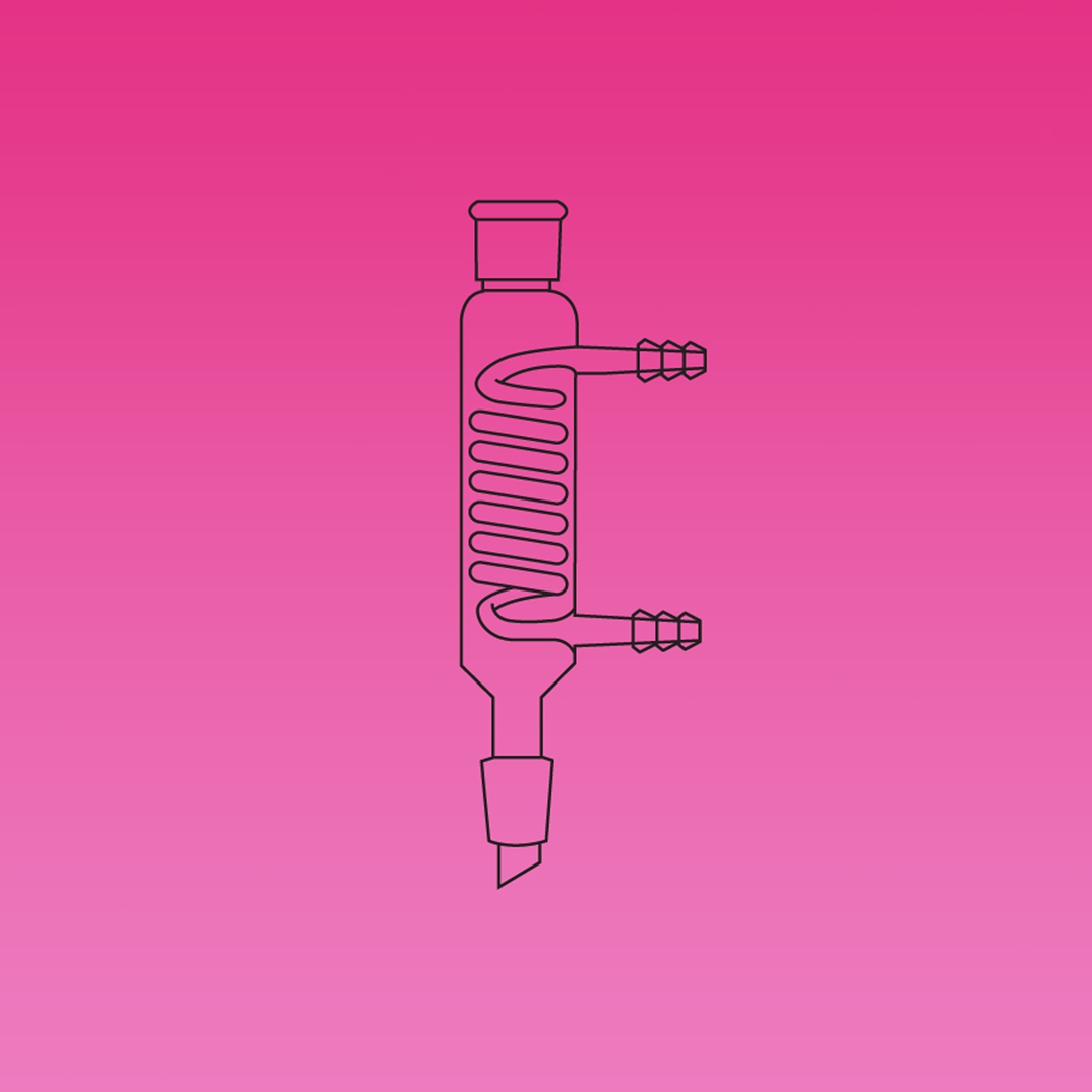 Condenser, Coiled Condenser, Glass Screwthread Connectors, Jointed, APlus, Socket & Cone 14/23, Jacket Length 120mm, Hose OD 8mm, Borosilicate Glass