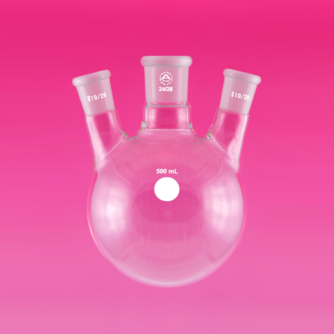 Flask, Round Bottom, 3-Neck, Angled, Capacity 50ml, Centre Scoket 19/26, Side Sockets 19/26
