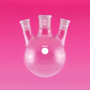Flask, Round Bottom, 3-Neck, Angled, Capacity 500ml, Centre Scoket 24/29, Side Sockets 24/29