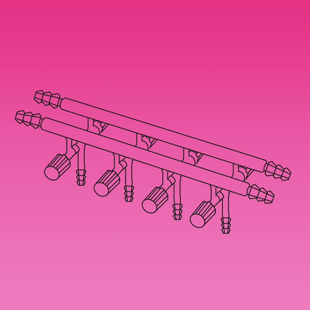 Double Manifold, High Vacuum Valves, Front And Rear Both Sides Tubing Connectors, APlus, No. of Ports 4, Overall Width 450mm, Valve Orifice 0-4mm, Borosilicate Glass