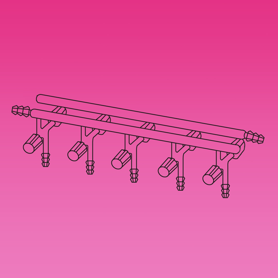 Double Manifold, High Vacuum Valves, Front Left And Rear Right Tubing Connectors, APlus, No. of Ports 5, Overall Width 550mm, Valve Orifice 0-4mm, Borosilicate Glass