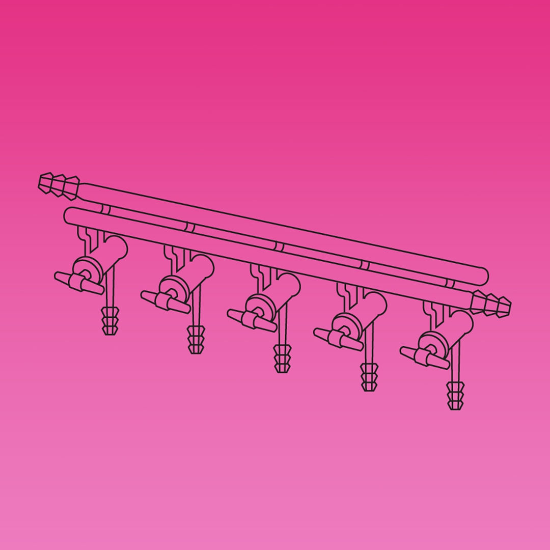 Double Manifold, High Vacuum Valves, Front Right And Rear Left Tubing Connectors, APlus, No. of Ports 5, Overall Width 550mm, Valve Orifice 0-4mm, Borosilicate Glass