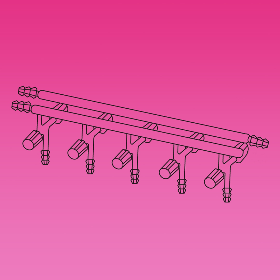 Double Manifold, High Vacuum valves, Front Left And Rear Both Sides Tubing Connectors, APlus, No. of Ports 4, Overall Width 450mm, Valve Orifice 0-4mm, Borosilicate Glass