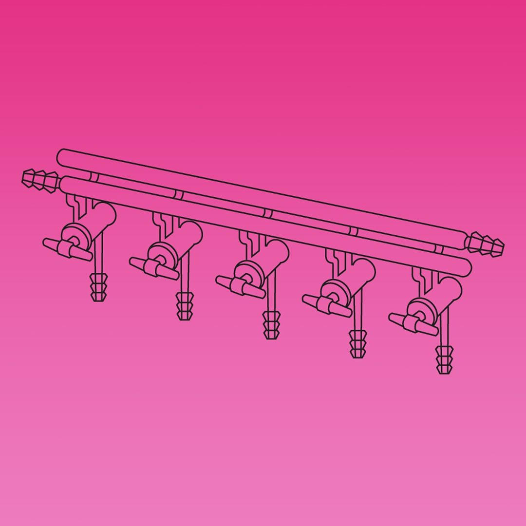 Double Manifold, Glass Stopcocks, Front Left And Rear Right Tubing Connectors, APlus, No. of Ports 5, Overall Width 450mm, Borosilicate Glass