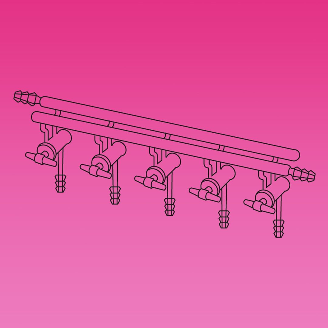 Double Manifold, Glass Stopcocks, Front Right And Rear Left Tubing Connectors, APlus, No. of Ports 5, Overall Width 450mm, Borosilicate Glass