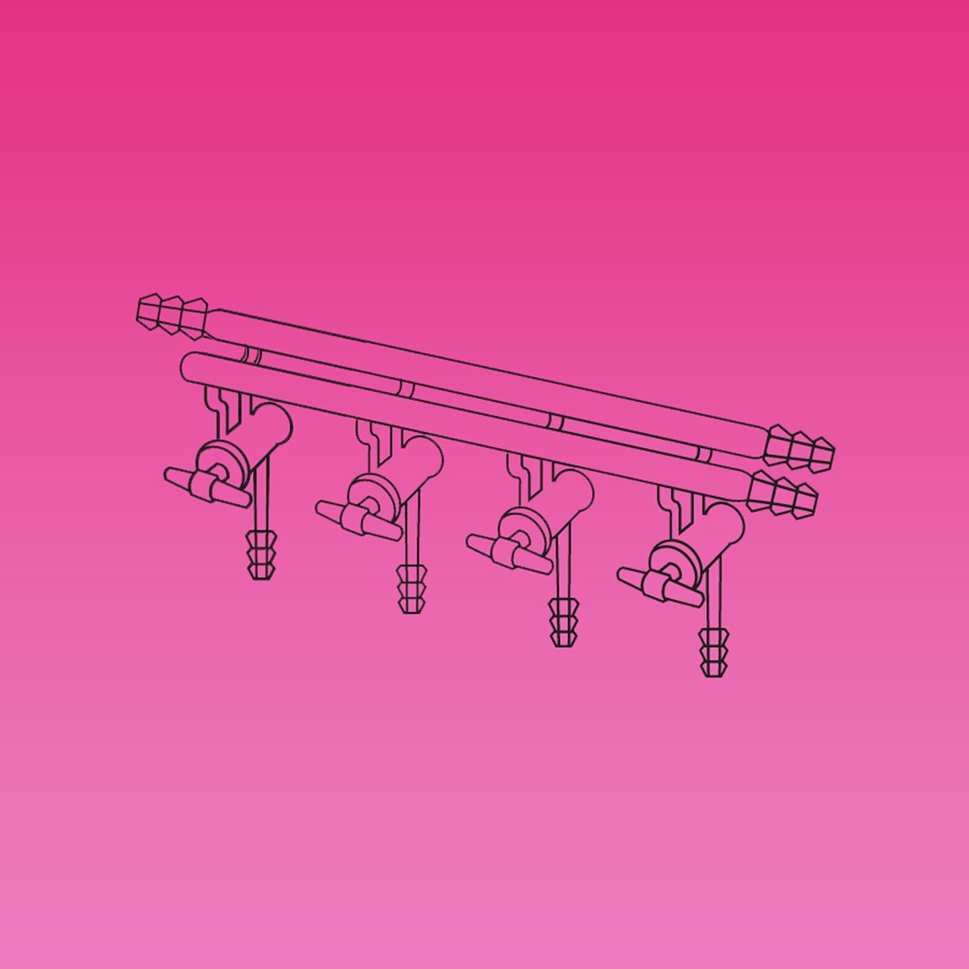 Double Manifold, Glass Stopcocks, Front Both Sides And Rear Right Tubing Connectors, APlus, No. of Ports 4, Overall Width 375mm, Borosilicate Glass